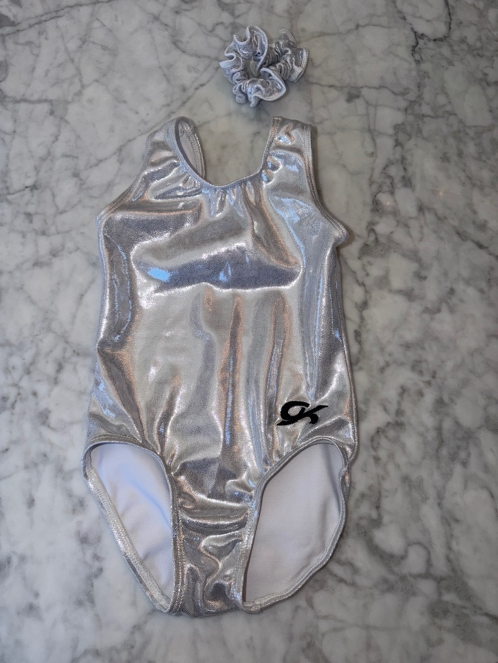 GK Silver Metallic Gymnastics Leotard with Matching Scrunchie CS